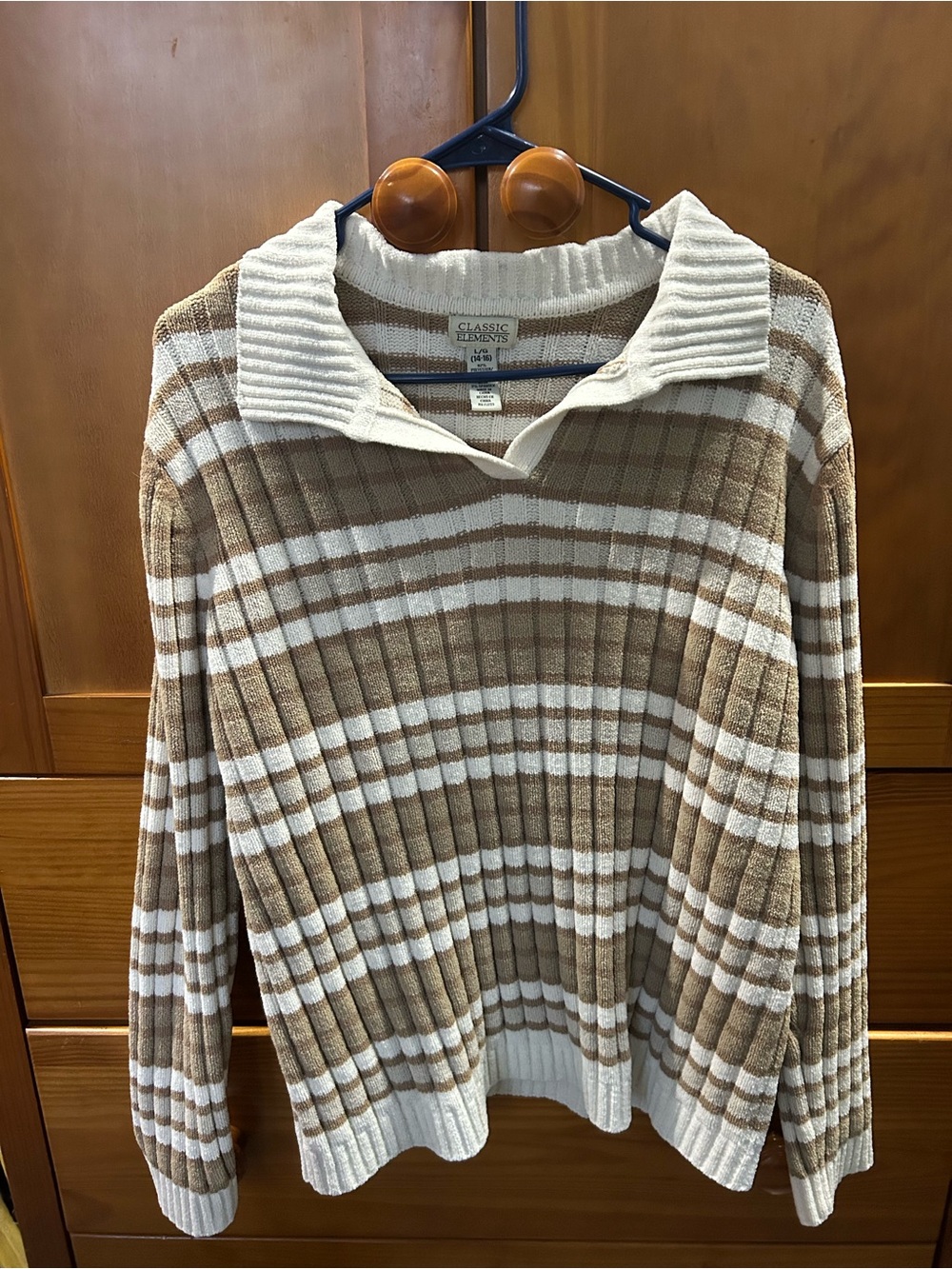 Classic Elements Cream and Brown Striped Ribbed Collar Sweater